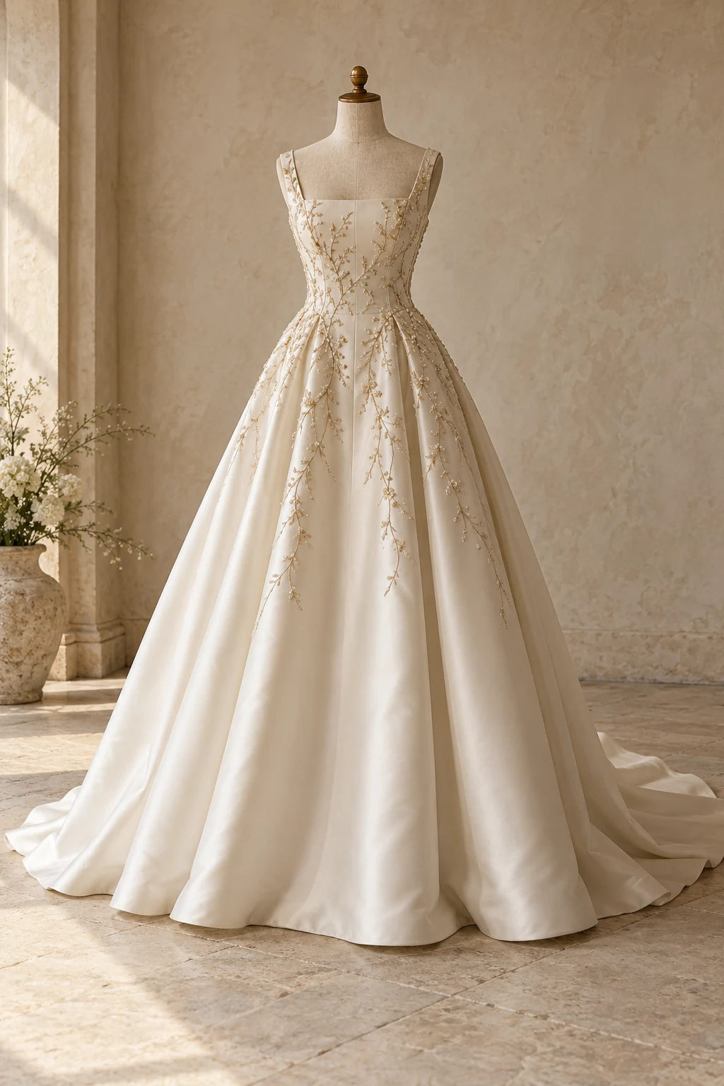 Ivory Ivoire gown on a headless armless linen form