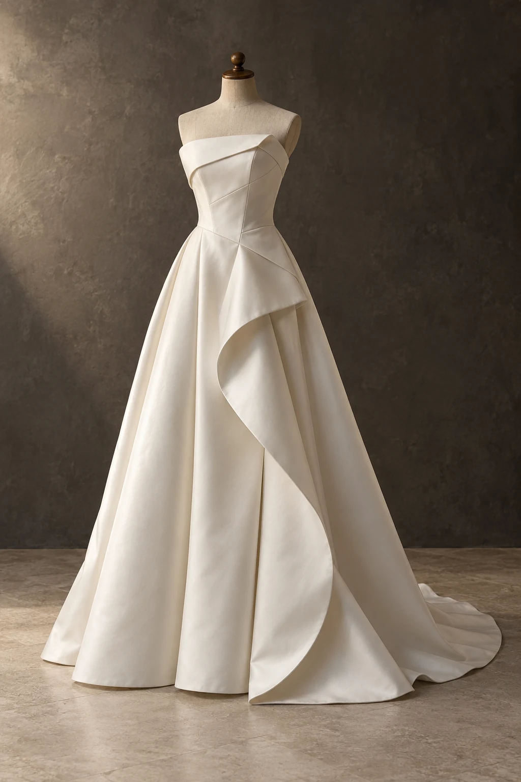 Ivory Lumi&egrave;re gown on a headless armless linen form