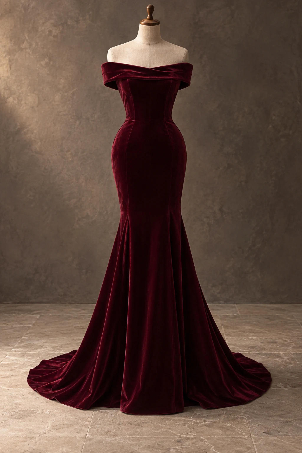 Burgundy Velour gown on a headless armless linen form