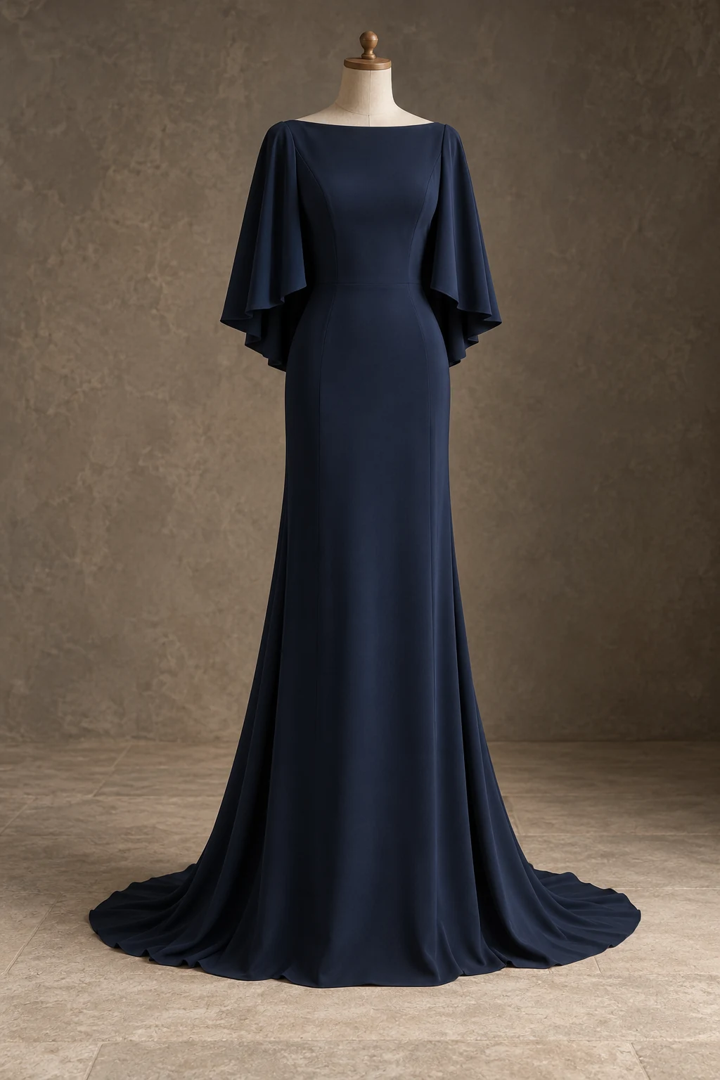 Midnight Blue Vesper gown on a headless armless linen form