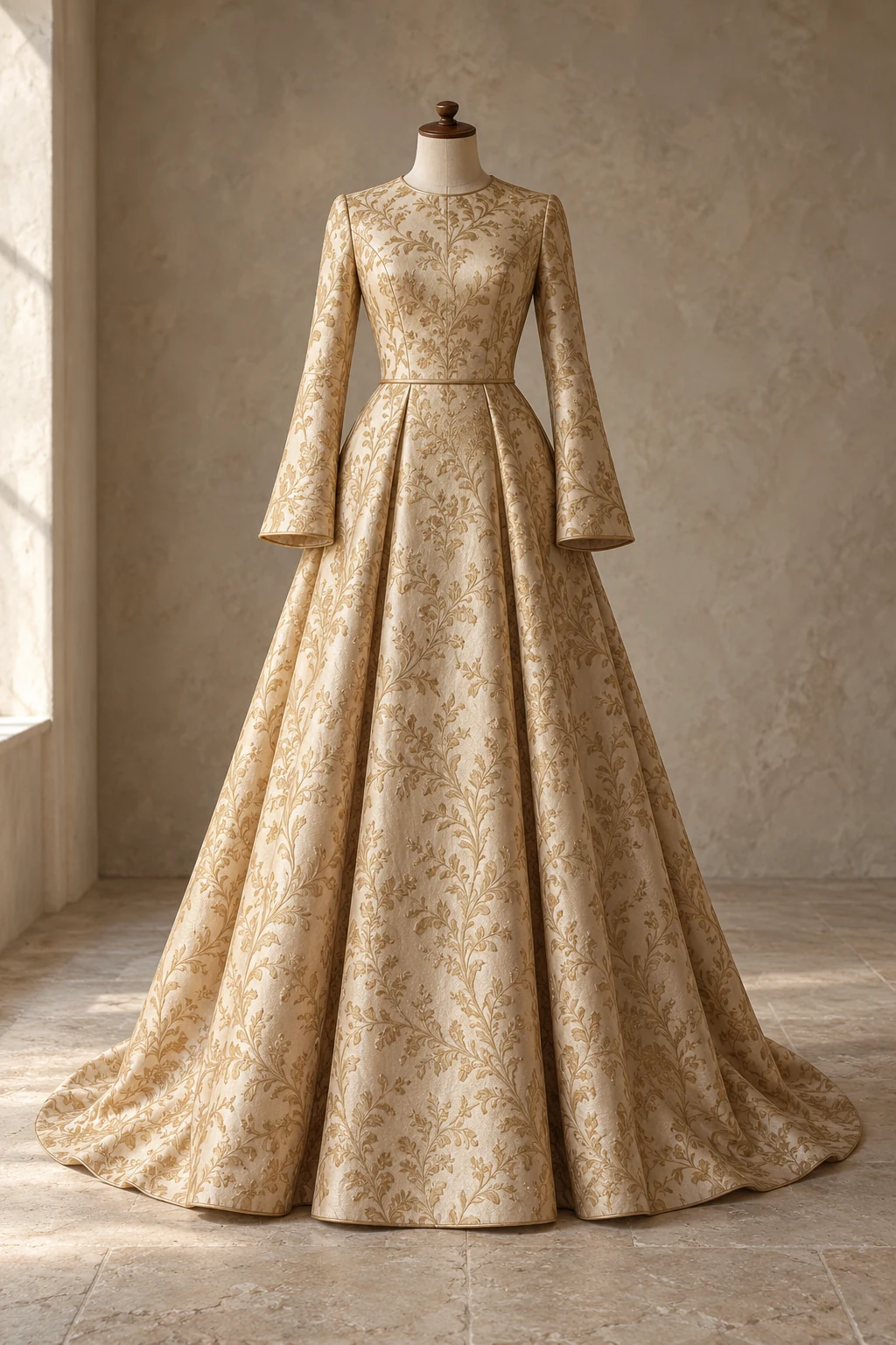 Champagne Gold Dahab gown on a headless armless linen form