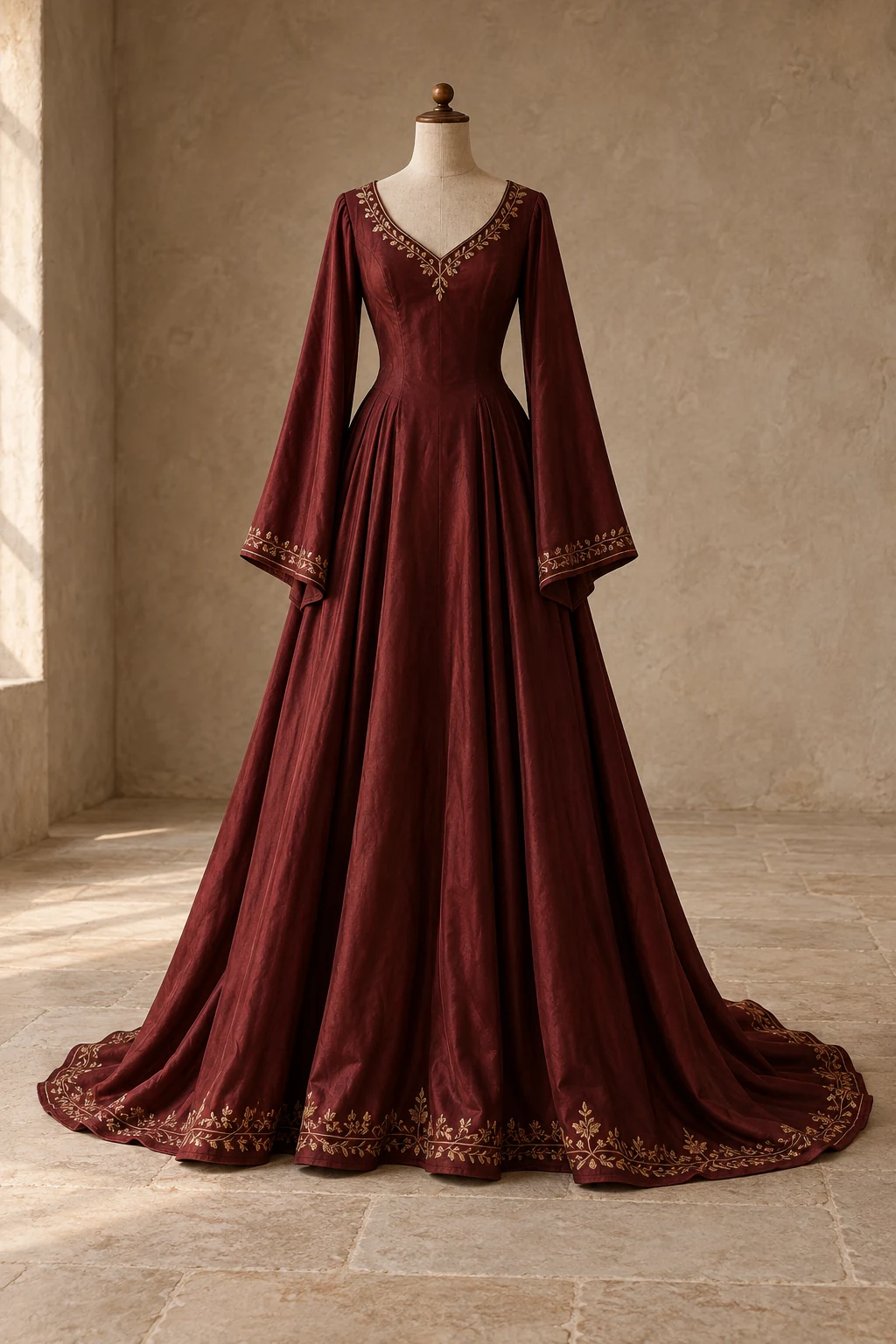 Deep Burgundy Rumana gown on a headless armless linen form
