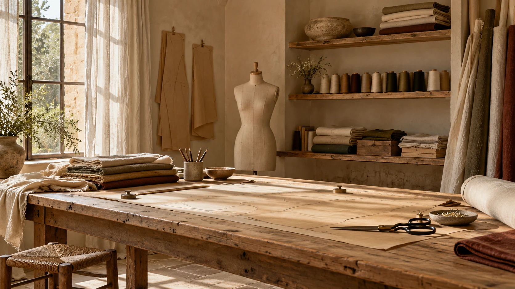 Warm couture worktable and fabrics in an empty atelier with a headless dress form