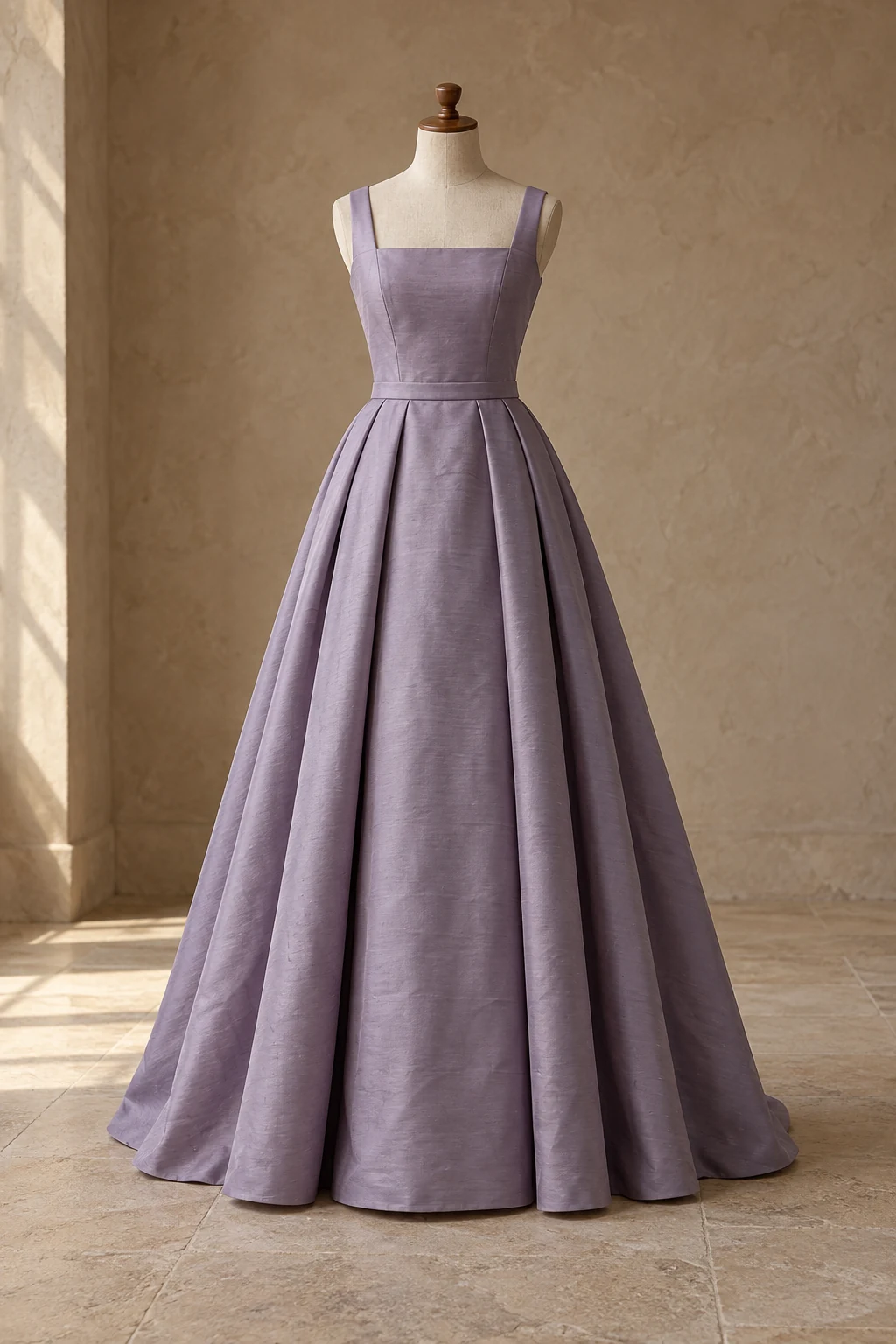 Muted Lavender Lavande gown on a headless armless linen form
